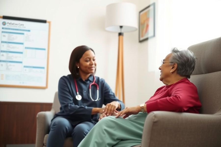 A healthcare worker in scrubs sits and talks with a senior woman in a comfortable living room setting. The image conveys care, compassion, and possibly a medical consultation or support visit.
