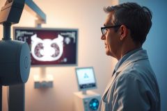 Radiologist examining a CT scan in a medical facility. The doctor in a white coat analyzes the images on a monitor, highlighting healthcare diagnostics and medical technology.
