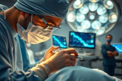 Surgeon performing surgery in an operating room. Close-up of hands with surgical tools, bright lights, and medical equipment in background. Focus on precision and medical procedure.