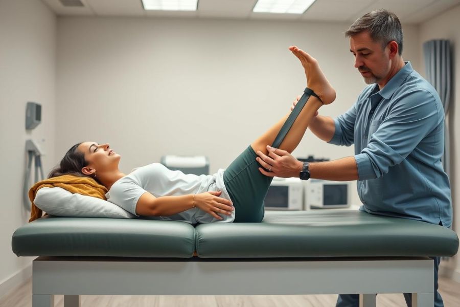Physical therapist examining patient's leg in a clinic setting. Healthcare professional performing a leg stretch on a woman lying on an examination table. Blue and green tones, medical environment.