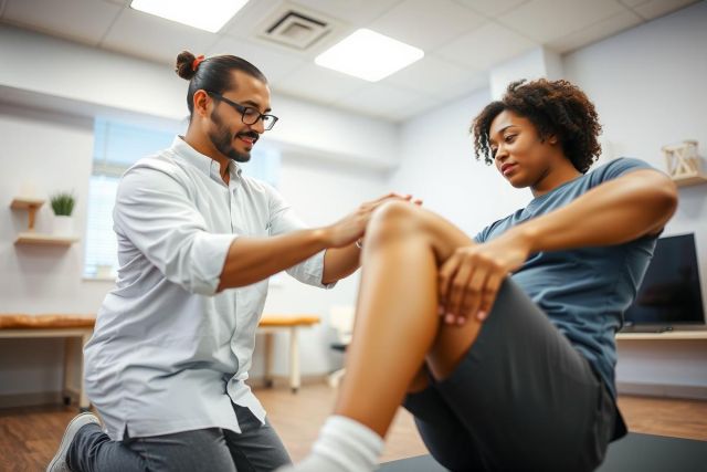 Physical therapist examines patient's knee during a session. Male therapist wearing a white shirt kneels beside the patient on a mat in a bright clinic. Focus on rehabilitation and healthcare.