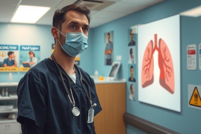 The image shows a medical professional dressed in a white lab coat, standing in what appears to be an examination room. The person is wearing a surgical mask and has short dark hair. Behind the individual, there's a large screen displaying a graphic of a human lung with visible bronchus and trachea. The environment suggests a professional medical setting, possibly within a clinic or hospital.