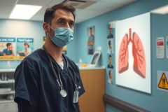 The image shows a medical professional dressed in a white lab coat, standing in what appears to be an examination room. The person is wearing a surgical mask and has short dark hair. Behind the individual, there's a large screen displaying a graphic of a human lung with visible bronchus and trachea. The environment suggests a professional medical setting, possibly within a clinic or hospital.