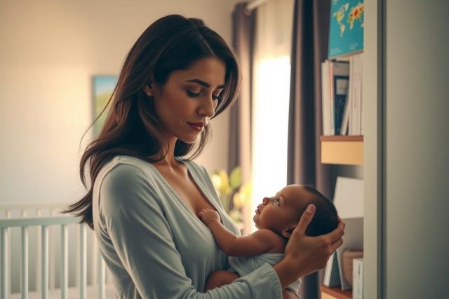 In this image, a woman is in her living room. She is wearing a gray shirt and holding a baby while looking down at the infant with affection. The room has light-colored walls and furniture, creating a warm and cozy atmosphere. There are books on the nearby bookshelf, suggesting an environment that values learning and leisure time.