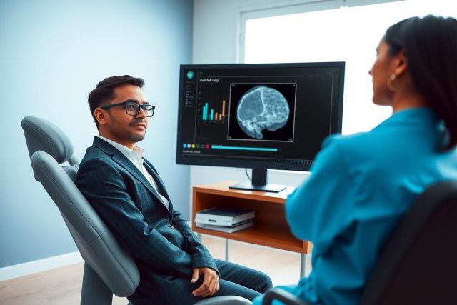 Doctor discusses patient's brain scan results in a medical office. A man in a suit sits opposite a female doctor, with a diagnostic image displayed on a monitor. Professional healthcare consultation.