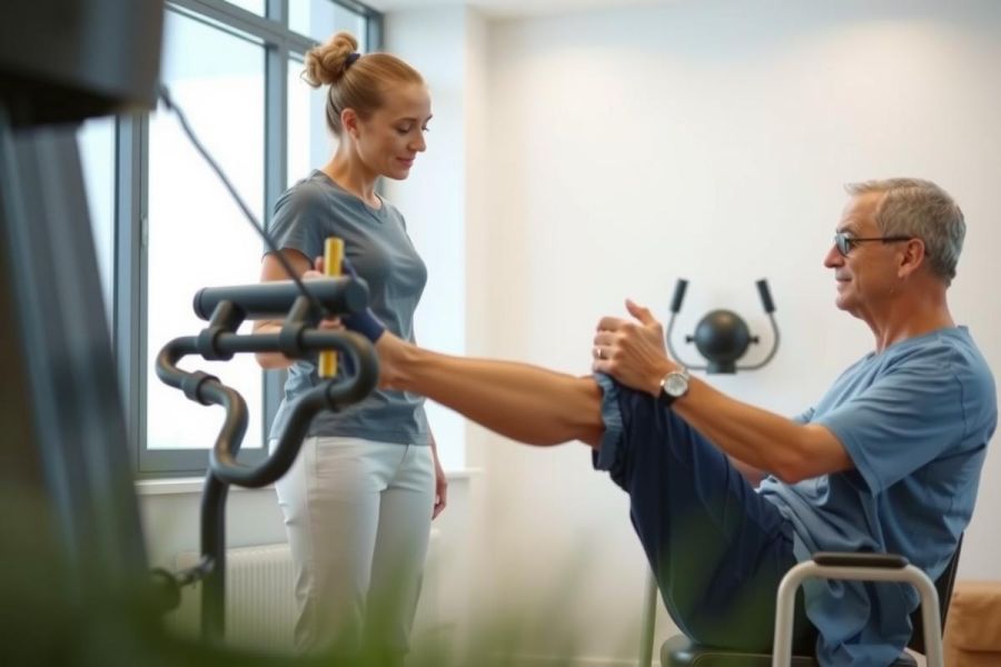Man exercising on a leg press machine with a trainer assisting. Indoor fitness setting, focused on strength training and rehabilitation. Blue and white tones dominate the scene.