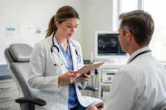 Female clinician reviews a patient's chart on a clipboard while discussing dental imaging with a colleague in an exam room.