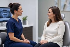 Dental hygienist consulting a seated adult patient in a calm modern clinic room.