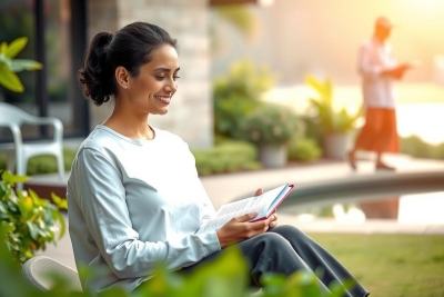 A young woman sitting on a bench, smiling and reading from a book. She is in an outdoor setting with greenery around her. The image has a bright and vibrant tone, capturing the essence of leisurely activities during the day.