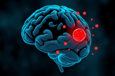 An image illustrating a human brain affected by cancer. The brain is depicted in blue with red cells highlighted to represent the presence of tumors or abnormal cell growth.