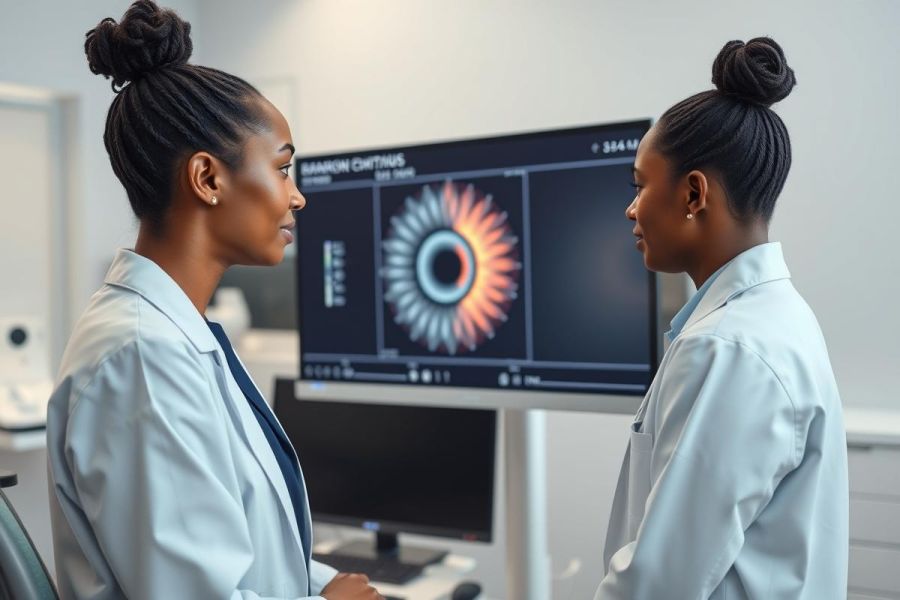 Two female healthcare professionals in white coats examine a medical scan on a monitor in a modern lab. The image features a heatmap-style visualization and a clean, bright environment, suggesting medical research or diagnostics.