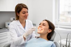 Smiling patient in a dental chair as a gloved dentist examines and points at her teeth under light