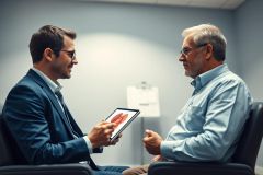 Two men in a professional setting, one presenting data on a tablet to the other. Business meeting, consultation, or medical discussion depicted in a modern office environment with cool tones. Focus on collaboration and analysis.