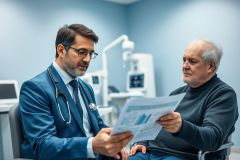 Doctor and patient discussing medical documents in a modern clinic. The image features a male doctor in a blue suit and stethoscope reviewing paperwork with a senior man. Blue and white tones dominate the clinical environment. Healthcare consultation, medical examination, and patient care are key themes.