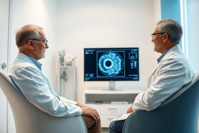 Doctor consults with senior patient in a bright, modern medical office. MRI scan displayed on screen. Focus on healthcare, aging, diagnosis, and professional consultation. Blue and white tones create a clinical atmosphere.