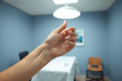 Close-up of a hand reaching toward a white ceiling in a room with a table and chair. The room has a blue-toned wall and soft lighting, creating a calming environment. Interior shot.