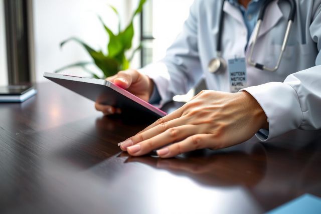 Doctor using a tablet, professional setting, healthcare technology, medical examination, white coat, digital device, patient care, modern medicine, close-up shot.