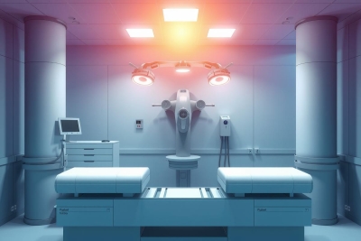 The image shows an operating room with a stainless steel table in the center, illuminated by overhead lights. Surrounding the table are medical equipment and machinery, suggesting a high-tech environment for surgeries or medical procedures.