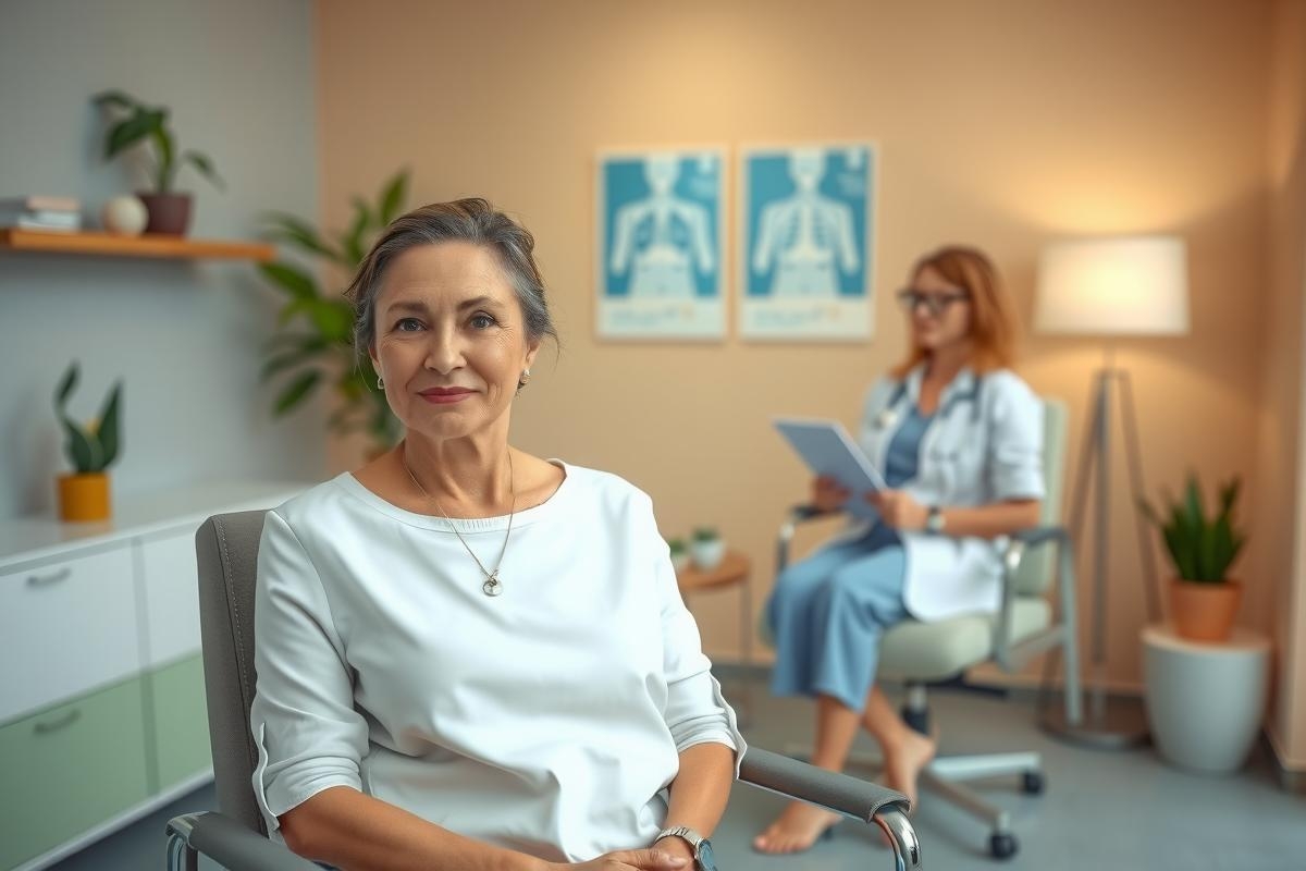 The image depicts an indoor medical consultation setting. An older woman is seated in a chair with a white shirt on, smiling at the person standing beside her. The other individual appears to be a doctor or healthcare professional, as indicated by their white lab coat.