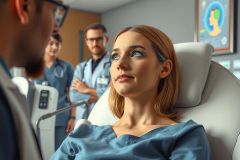 The image depicts a medical office scenario with healthcare professionals and a patient. There is a woman sitting on a hospital bed, wearing a hospital gown and possibly undergoing a medical examination or treatment. 