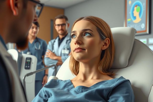 The image depicts a medical office scenario with healthcare professionals and a patient. There is a woman sitting on a hospital bed, wearing a hospital gown and possibly undergoing a medical examination or treatment. 