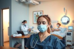 The image captures a moment in a hospital setting. A doctor, wearing blue scrubs and a face mask, stands on the right side of the frame, attentively observing a patient who is lying on a hospital bed. The doctor's stance suggests a focus on the patient's well-being. In the background, another medical professional can be seen, possibly engaged in examination or monitoring tasks. The hospital environment is neatly organized, with medical equipment and supplies visible, emphasizing the clinical setting.