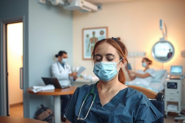 The image captures a moment in a hospital setting. A doctor, wearing blue scrubs and a face mask, stands on the right side of the frame, attentively observing a patient who is lying on a hospital bed. The doctor's stance suggests a focus on the patient's well-being. In the background, another medical professional can be seen, possibly engaged in examination or monitoring tasks. The hospital environment is neatly organized, with medical equipment and supplies visible, emphasizing the clinical setting.