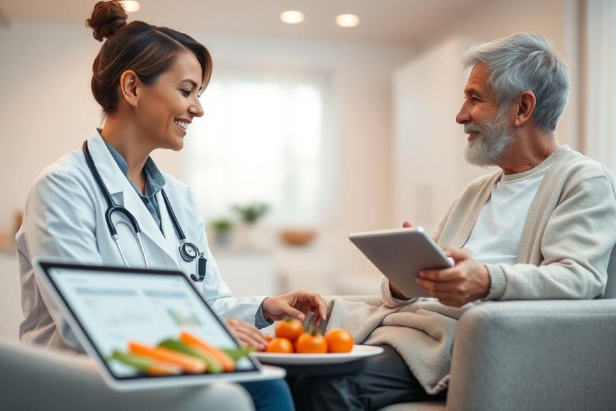 Healthcare professional consults with an elderly patient in a bright, modern home setting. The doctor, wearing a white coat and stethoscope, presents data on a tablet while offering fresh fruit. Focus on senior care, wellness, and healthy living with a warm, positive atmosphere. Includes technology and nutrition elements.