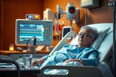The image shows an elderly woman in a hospital bed with medical equipment around her. She is connected to monitors and has various tubes and wires attached, indicating she might be receiving intensive care or undergoing treatment. The environment suggests a clinical setting with standard hospital furnishings.