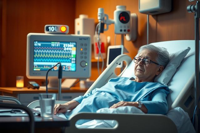 The image shows an elderly woman in a hospital bed with medical equipment around her. She is connected to monitors and has various tubes and wires attached, indicating she might be receiving intensive care or undergoing treatment. The environment suggests a clinical setting with standard hospital furnishings.