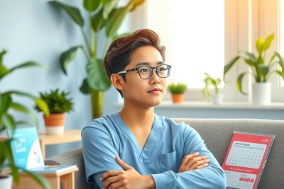 The image shows a male nurse sitting on a couch in an office environment. He is wearing scrubs and glasses, and has his arms crossed over his chest with a thoughtful expression.