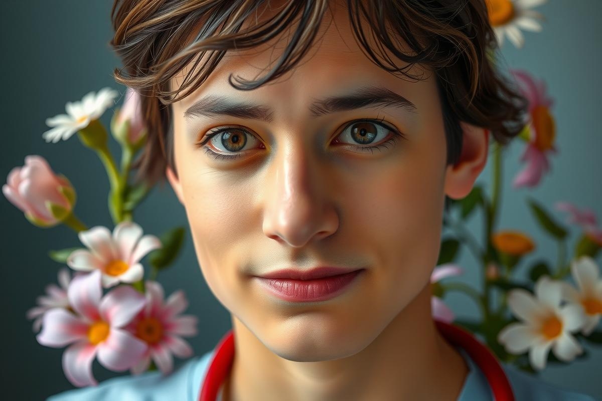 The image portrays a young man with an introspective expression. He has light brown hair and is set against a dark backdrop. His gaze is directed slightly upwards to his right, suggesting a thoughtful or contemplative mood.