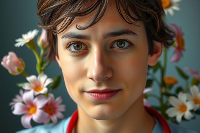 The image portrays a young man with an introspective expression. He has light brown hair and is set against a dark backdrop. His gaze is directed slightly upwards to his right, suggesting a thoughtful or contemplative mood. 