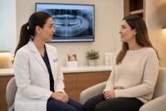 Dentist consults with patient in modern dental clinic, panoramic X‑ray visible behind them.