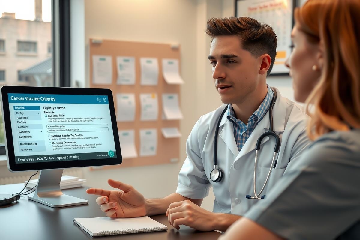 In a professional setting, a male doctor in white coat and stethoscope is seated at a desk, consulting with a female patient. They are engaged in conversation in front of an open laptop displaying medical records. The environment suggests a modern healthcare facility.