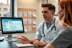 In a professional setting, a male doctor in white coat and stethoscope is seated at a desk, consulting with a female patient. They are engaged in conversation in front of an open laptop displaying medical records. The environment suggests a modern healthcare facility.