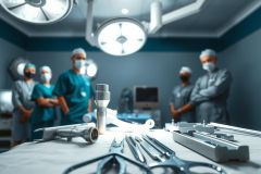 Surgical instruments on a table in an operating room. Medical professionals in scrubs and masks are visible in the background. A sterile environment for a surgical procedure.