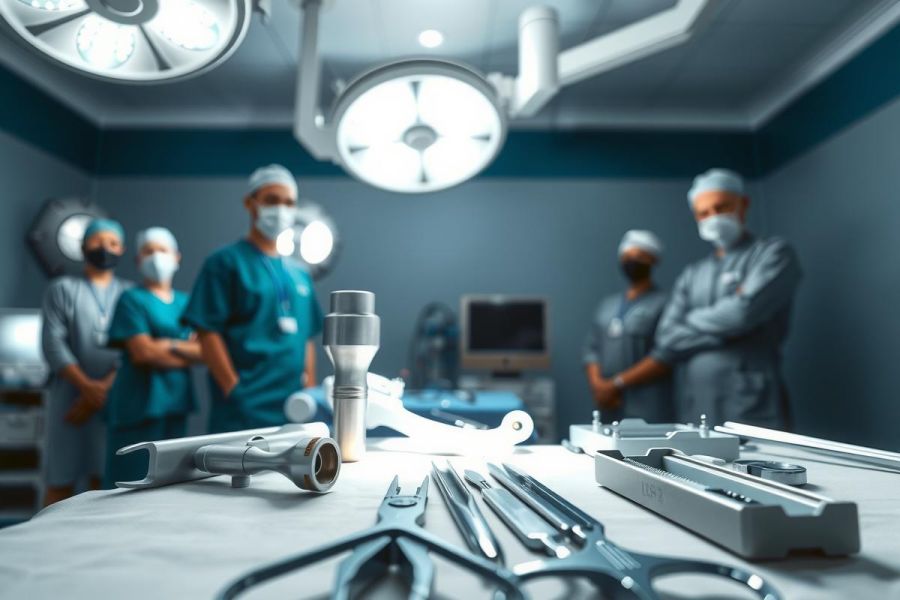 Surgical instruments on a table in an operating room. Medical professionals in scrubs and masks are visible in the background. A sterile environment for a surgical procedure.