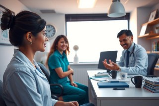 The image depicts a professional setting, possibly an office or hospital room. There are three individuals: a male doctor wearing a stethoscope around his neck, a female doctor with her hair in a bun, and another woman who could be a nurse or patient. They appear to be engaged in a conversation, likely about medical matters. The environment is clean, modern, and well-lit, suggesting a professional atmosphere.