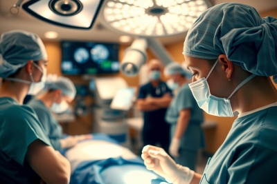 The image depicts a busy hospital operating room with multiple medical professionals wearing surgical gowns and masks. The focus is on two surgeons who are actively engaged in a procedure, likely assisting or performing an operation under the guidance of monitors that display patient data. The environment suggests a high level of teamwork and precision typical in such settings.