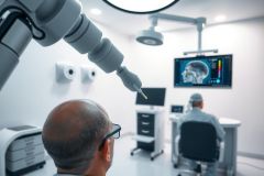 Medical professional examining a brain scan on a monitor in a modern clinic. Focus on neurological assessment and diagnostic imaging. White walls, advanced technology, focused environment.