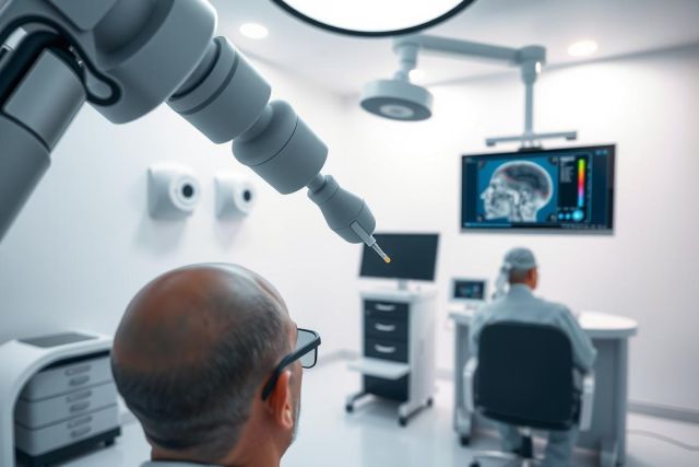 Medical professional examining a brain scan on a monitor in a modern clinic. Focus on neurological assessment and diagnostic imaging. White walls, advanced technology, focused environment.