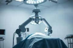 Surgical robotic arms illuminate an operating room scene. The sterile environment features a patient covered with blue drapes under bright overhead lights. A modern, medical technology image showcasing advanced surgery and healthcare.