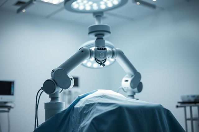 Surgical robotic arms illuminate an operating room scene. The sterile environment features a patient covered with blue drapes under bright overhead lights. A modern, medical technology image showcasing advanced surgery and healthcare.
