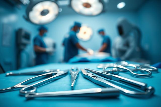 Surgical instruments laid out on a blue medical drape in an operating room. Blurred background shows surgeons and medical equipment, creating a sterile, clinical atmosphere. Focus on stainless steel tools, highlighting a healthcare setting.