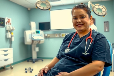 The image shows a smiling female medical professional wearing scrubs and a stethoscope. She is seated in what appears to be an operating or examination room equipped with medical equipment like a bed, monitor, and various other instruments commonly found in healthcare facilities.