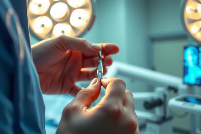 Close-up of a surgical procedure, showing a medical professional holding surgical instruments in an operating room setting. Bright lights illuminate the scene, highlighting sterile environment and focus on precision.