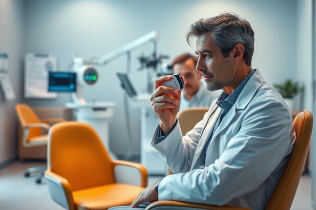 An ophthalmologist in a modern eye clinic examines a patient. The doctor, wearing a white coat, holds a diagnostic tool while another professional assists. The setting features bright orange chairs and advanced medical equipment, creating a professional healthcare environment. Focus on eye care and medical examination.