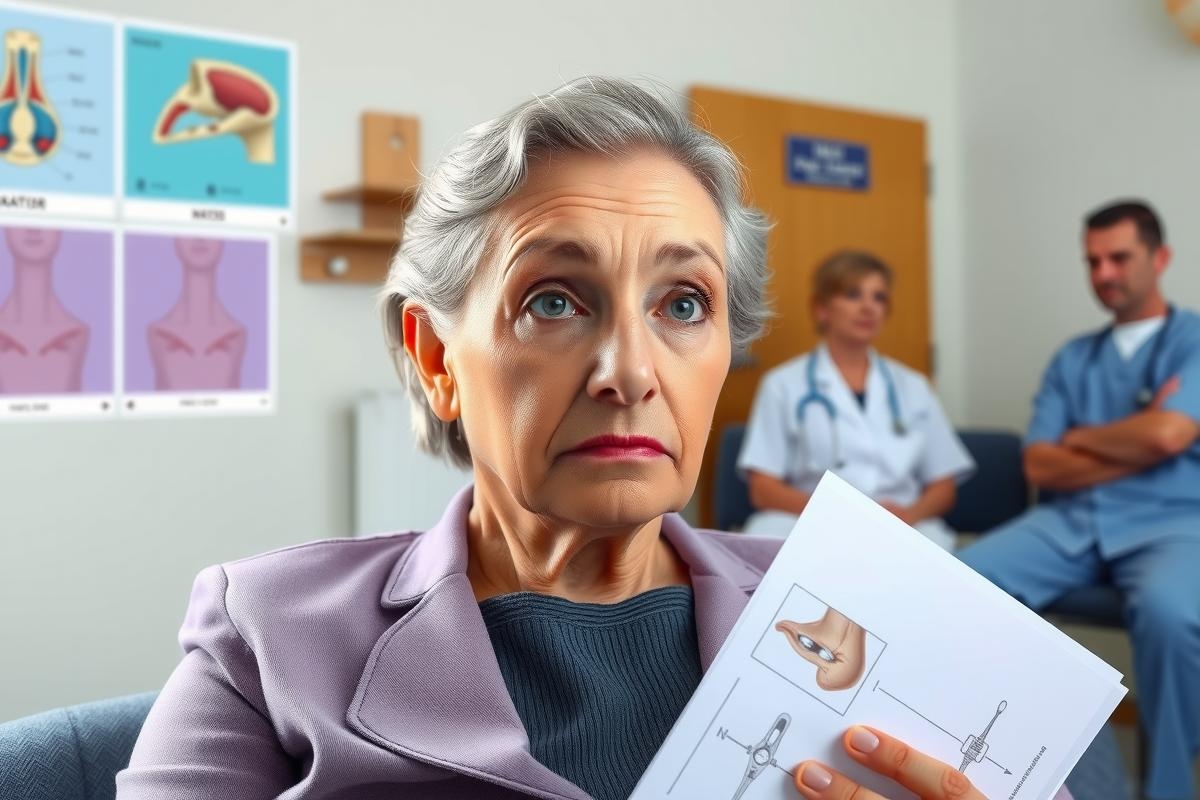 The image depicts a scene in a medical consultation room. A woman is seated on the left side of the frame, holding a paper with an image of a fetus, likely discussing pregnancy or childbirth-related issues. She appears to be engaged in a conversation with two medical professionals, one male and one female, who are standing behind her and listening attentively. The environment suggests a healthcare setting with various diagrams and information posters visible on the wall, related to anatomy and physiology.