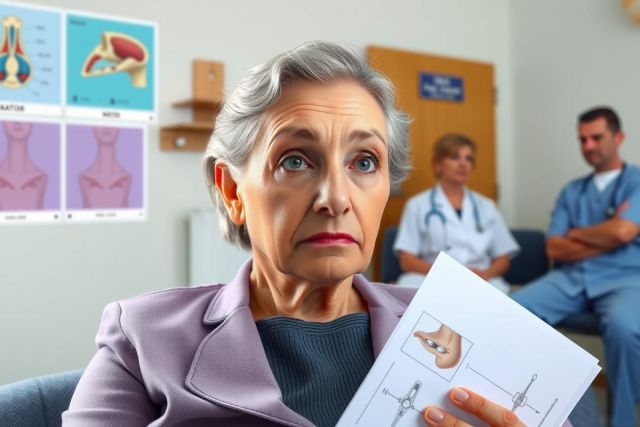 The image depicts a scene in a medical consultation room. A woman is seated on the left side of the frame, holding a paper with an image of a fetus, likely discussing pregnancy or childbirth-related issues. She appears to be engaged in a conversation with two medical professionals, one male and one female, who are standing behind her and listening attentively. The environment suggests a healthcare setting with various diagrams and information posters visible on the wall, related to anatomy and physiology.